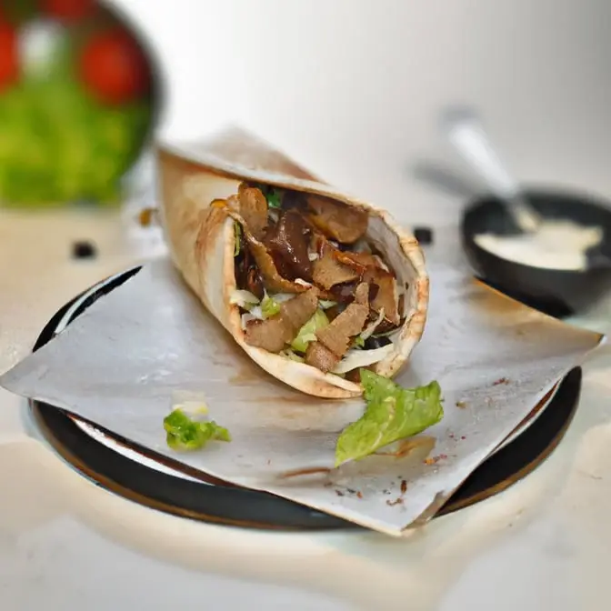 Classic Beef Donair wrapped in warm pita with sweet sauce at Donair and Poutine House in Edmonton, AB